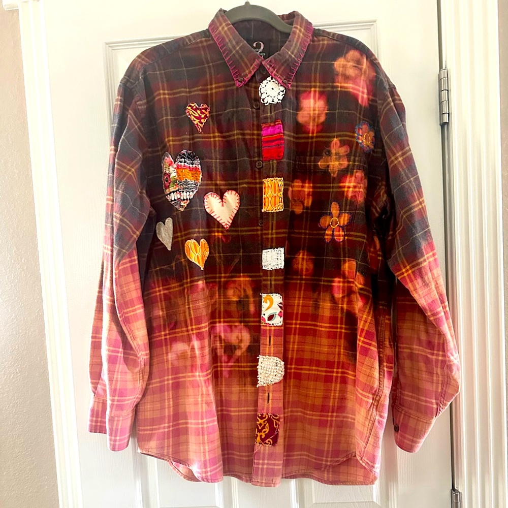 Plus Sz unique OOAK Bleach flannel embroidery Boho Bohemian Curvy 2X top shirt.